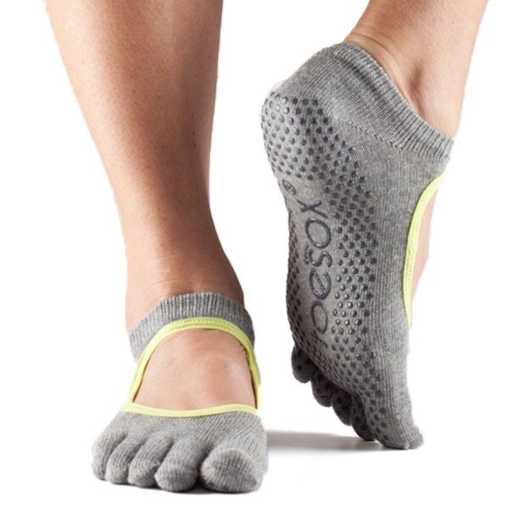 TOESOX Bella Grip Full Toe Socks NWT MD Grey /Lime